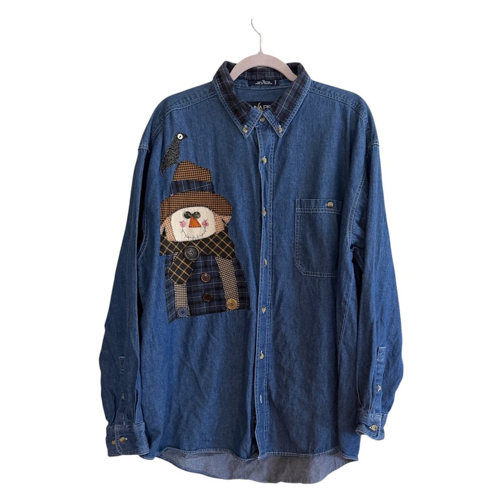 Luna Pier Button Up Women XL Blue Scarecrow Patchwork Denim Shirt Novelty Fall